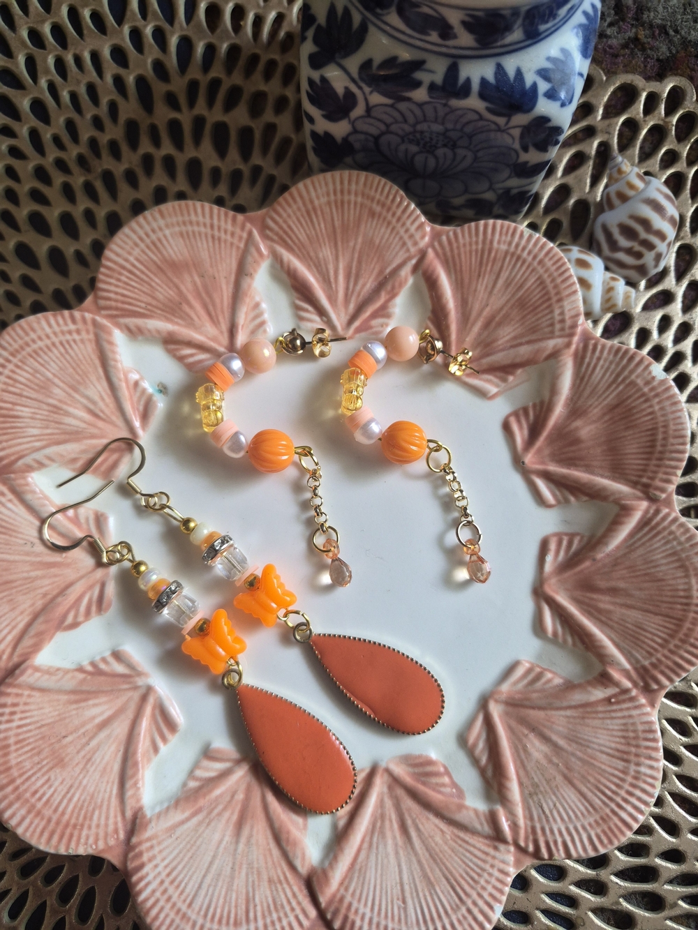 Handcrafted Orange Teardrop & Beaded Dangle Earrings